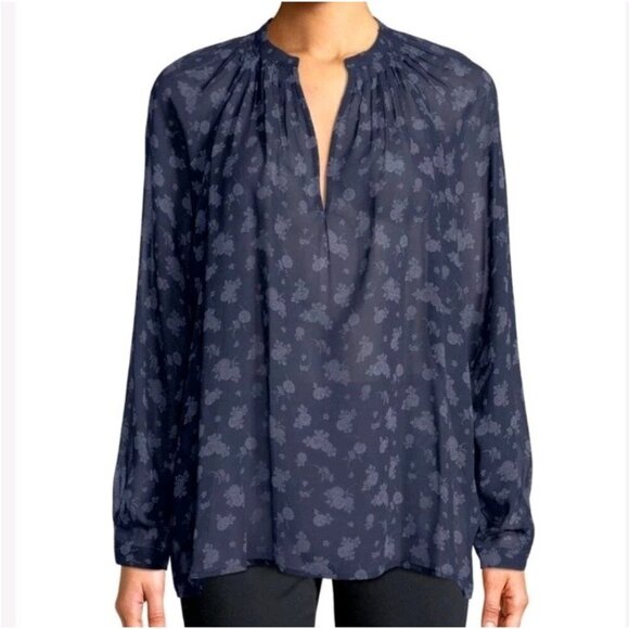 Vince Calico Floral Silk Blouse Coastal Blue Women's Size M NEW Preppy Career - Picture 1 of 12